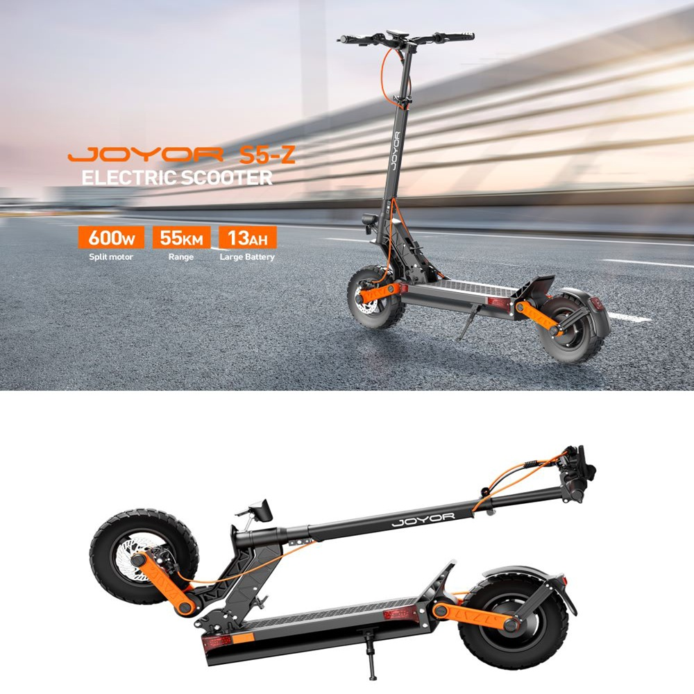 Un monopattino elettrico, nero e arancione, è mostrato su strada. Specifiche: motore da 600w, autonomia 55 km, batteria da 13Ah. Monopattino elettrico JOYOR S5-Z.