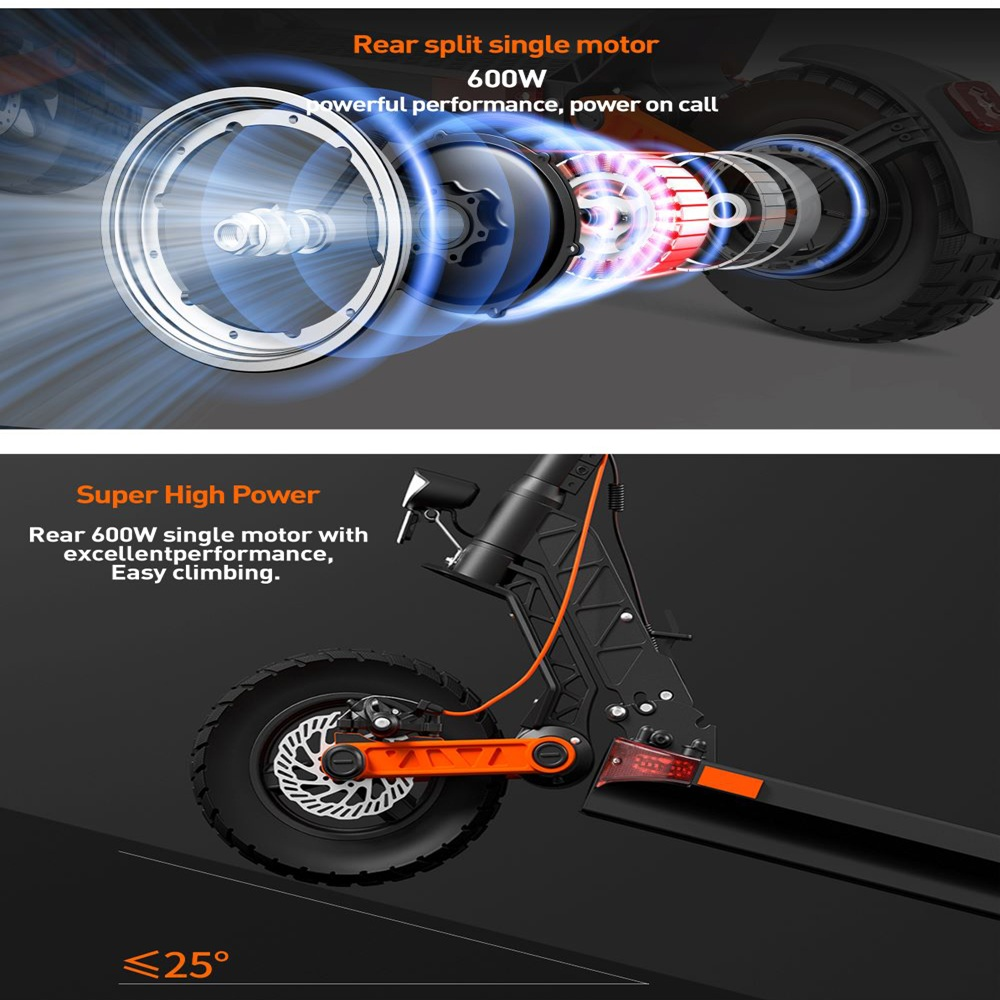 Dettaglio di uno scooter elettrico con motore posteriore diviso da 600 W. Mette in risalto la capacità di salita e le prestazioni.