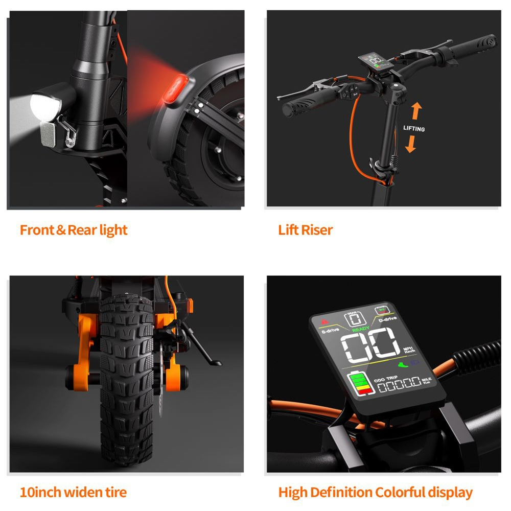 Le parti dello scooter elettrico includono luci anteriori/posteriori, alzacristalli, pneumatico da 10 pollici e display ad alta definizione con info velocità e batteria.
