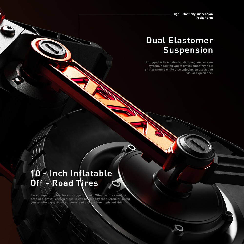 Vista ravvicinata della sospensione a doppio elastomero e dello pneumatico off-road da 10 pollici di uno scooter, con dettagli rossi e neri.