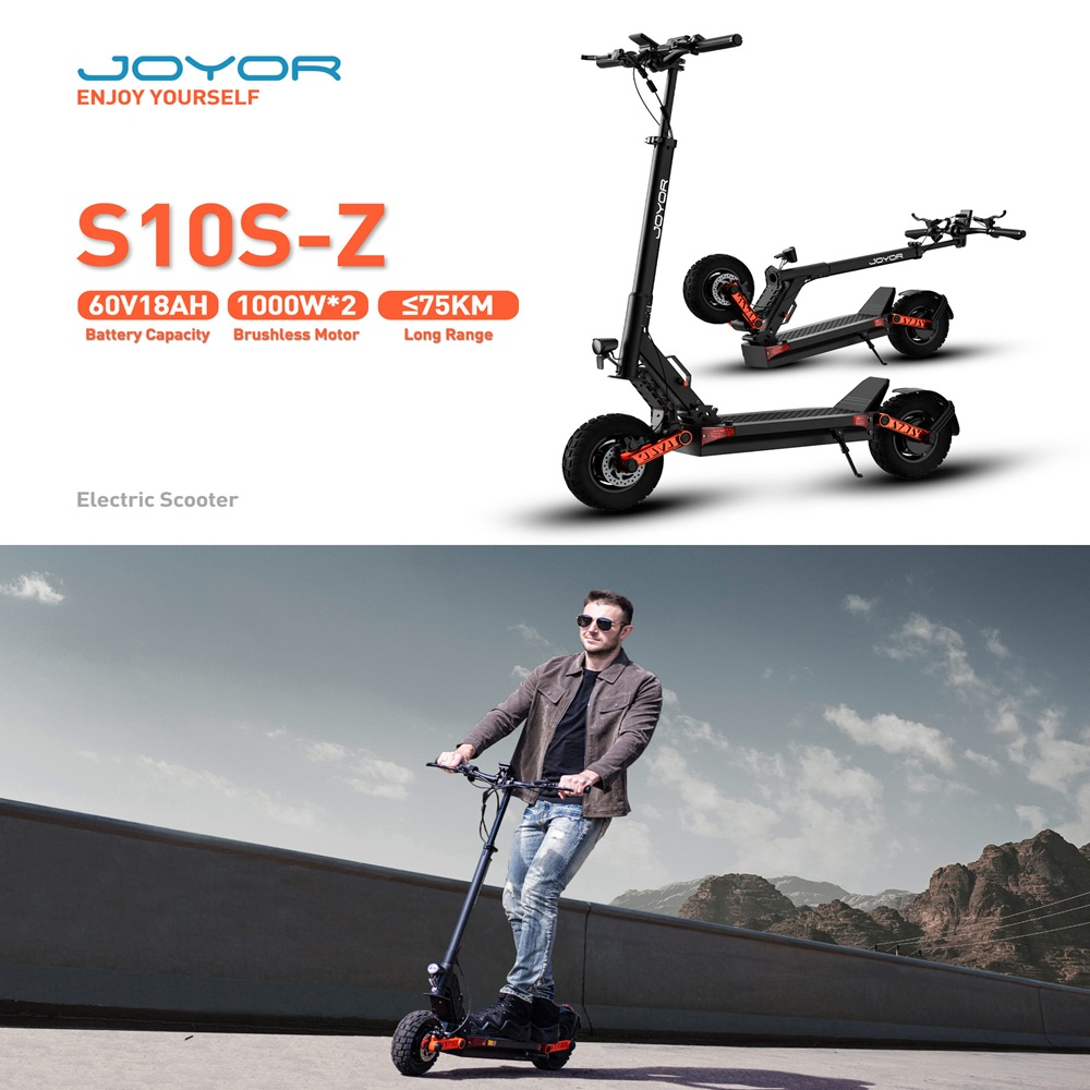 Un monopattino elettrico, modello S10S-Z, con un uomo che lo guida. Lo scooter ha un telaio nero e dettagli arancioni. Il testo mostra le specifiche.
