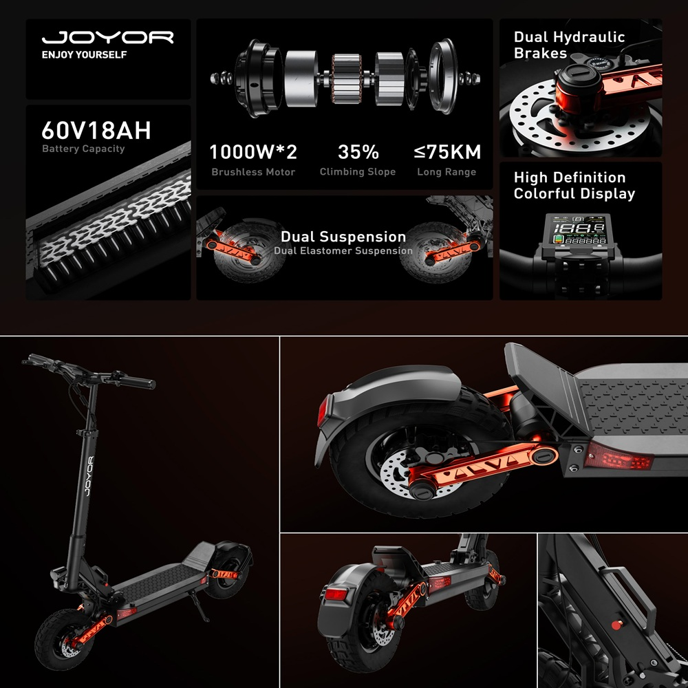 Uno scooter elettrico è mostrato con dettagli delle sue caratteristiche, tra cui motore, freni e display. Lo scooter è nero e arancione.