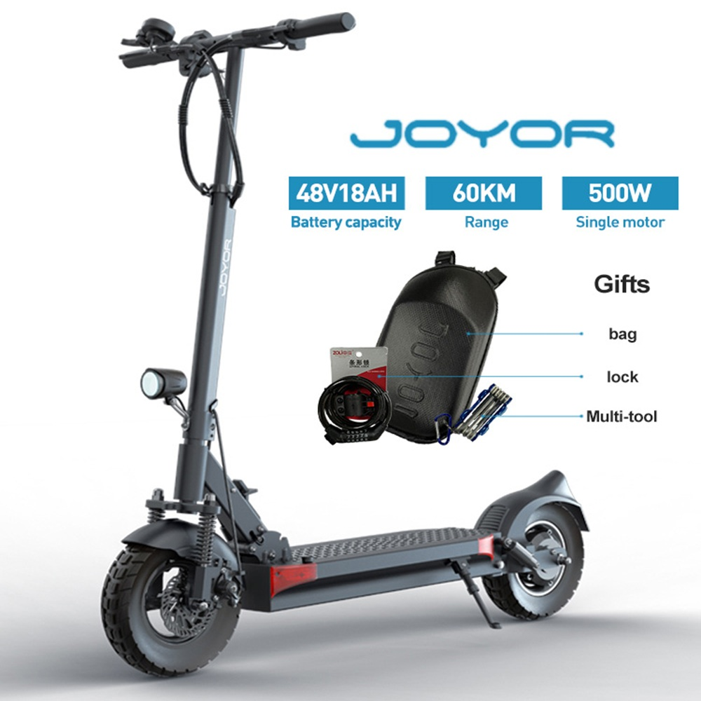 Un monopattino elettrico con telaio nero. Ha una capacità della batteria di 48V18AH, un'autonomia di 60KM e un motore singolo da 500W. I regali includono borsa, lucchetto e multiutensile.