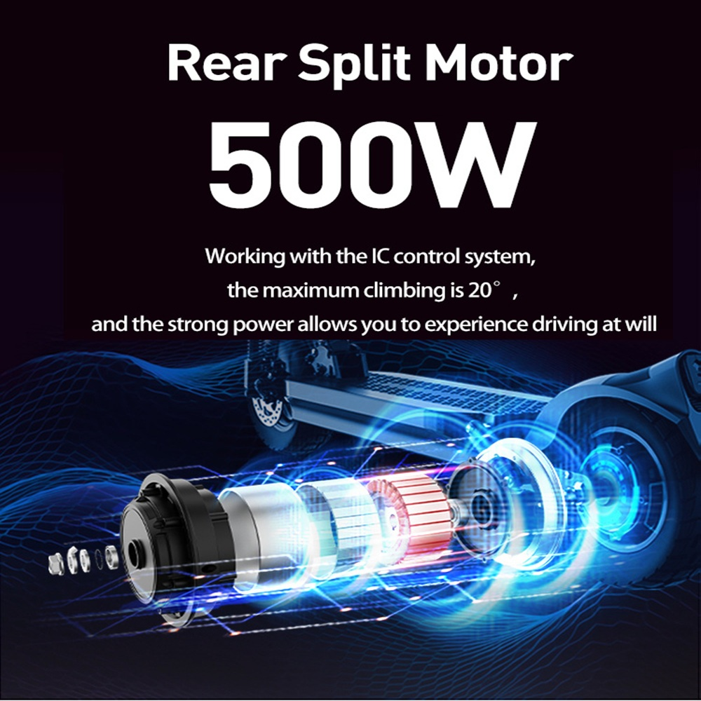 Diagramma dei componenti di uno scooter elettrico. Il testo dice: Rear Split Motor 500W. Dice anche: la salita massima è 20°.