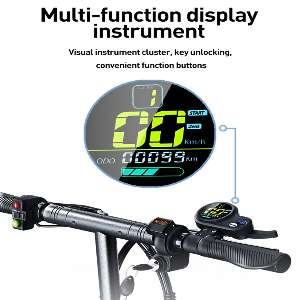 Manubrio dello scooter con display digitale. Mostra velocità, marcia e distanza. Include pulsanti e chiave.
