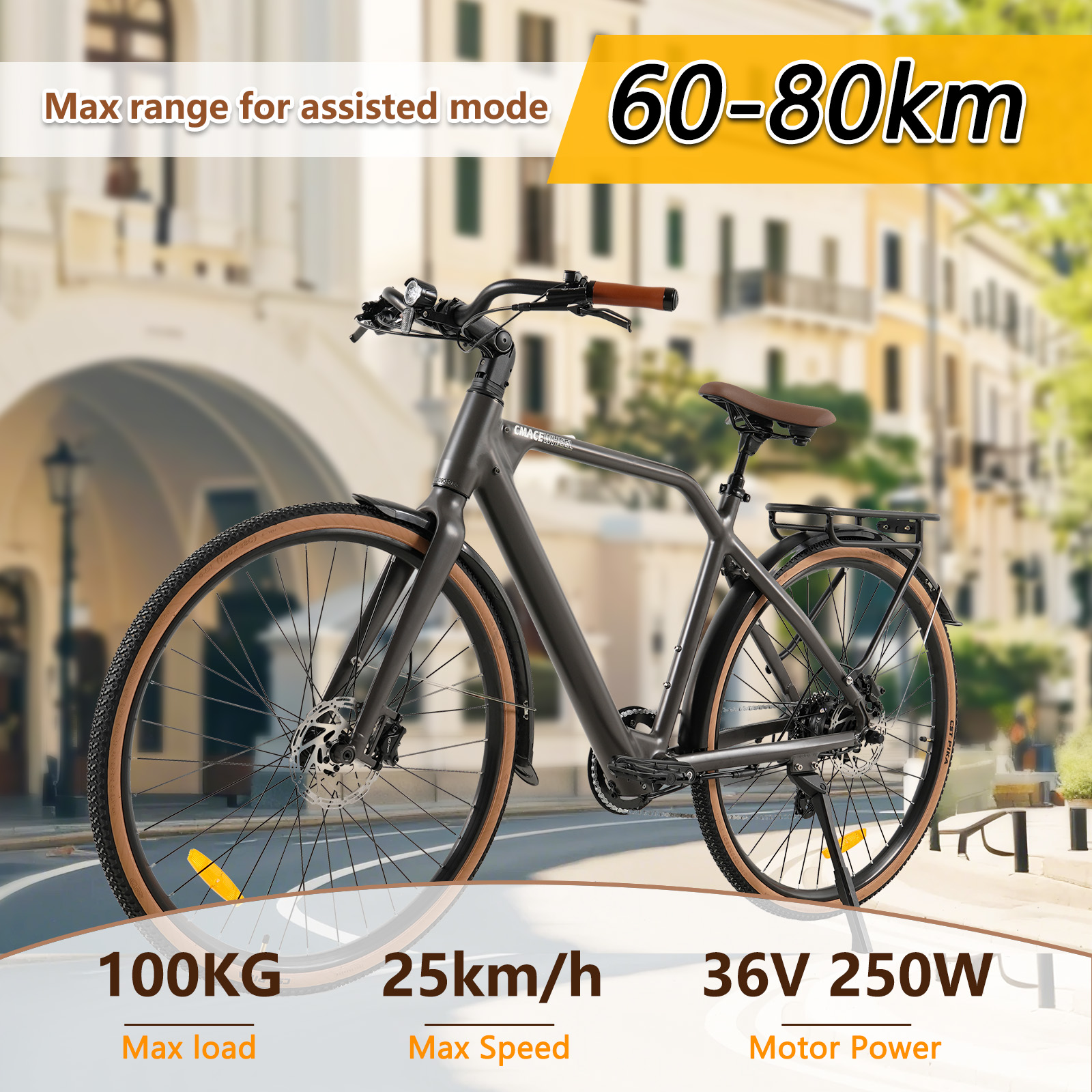 Una bicicletta elettrica nera con pneumatici e sella marroni si trova sulla strada. La bici mostra carico massimo, velocità e potenza motore.