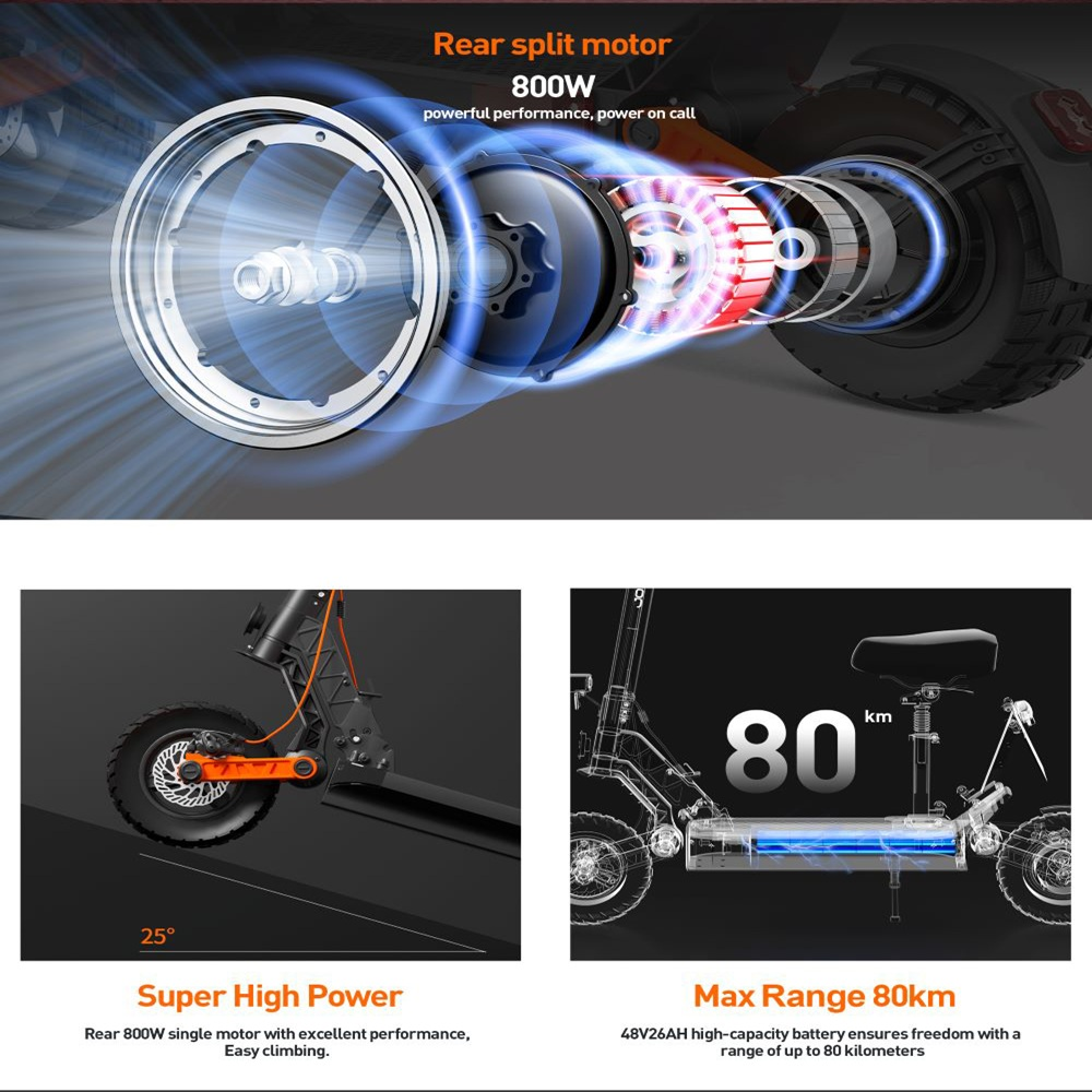 Diagramma di uno scooter elettrico con etichette di testo. Mostra il motore posteriore sdoppiato, 800W e un'autonomia massima di 80 km con dettagli sulla batteria.
