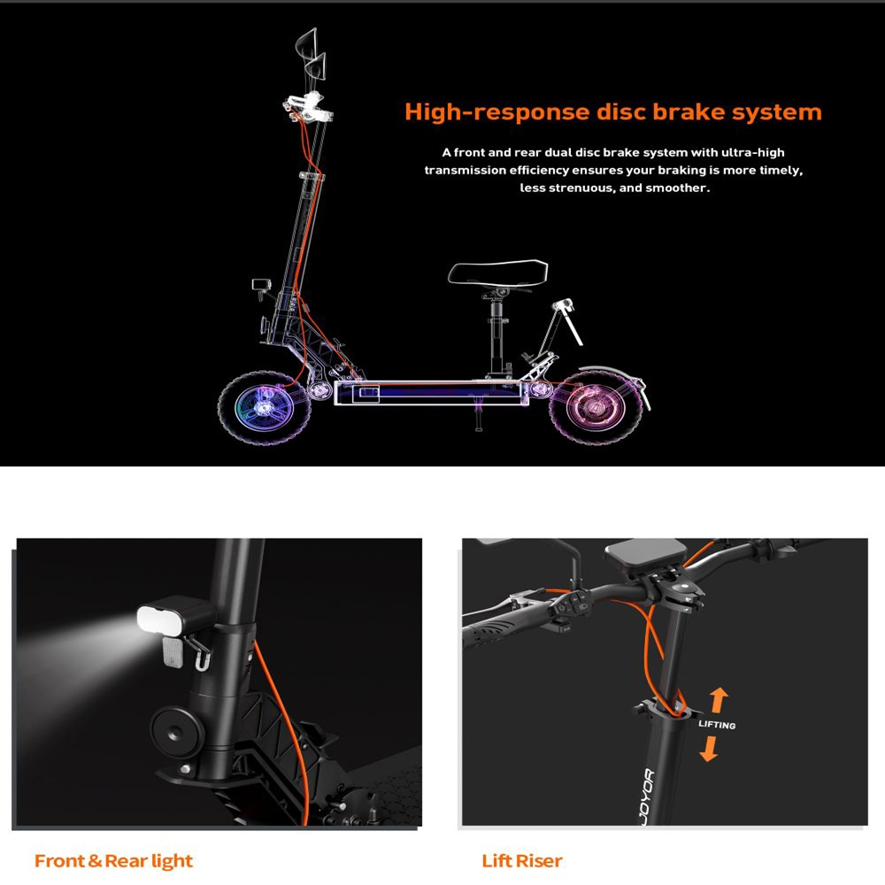 Schema di scooter elettrico con dettagli del sistema frenante. Luci anteriori e posteriori e rialzo mostrati in dettaglio.