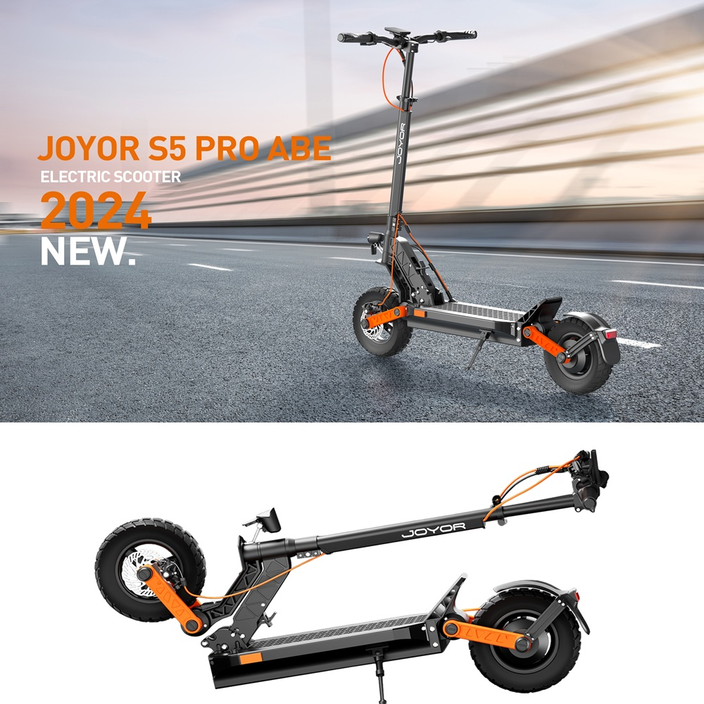 Un monopattino elettrico, JOYOR S5 PRO ABE 2024 NUOVO, è mostrato in una scena stradale. Il monopattino è nero e arancione. Una seconda immagine lo mostra piegato.