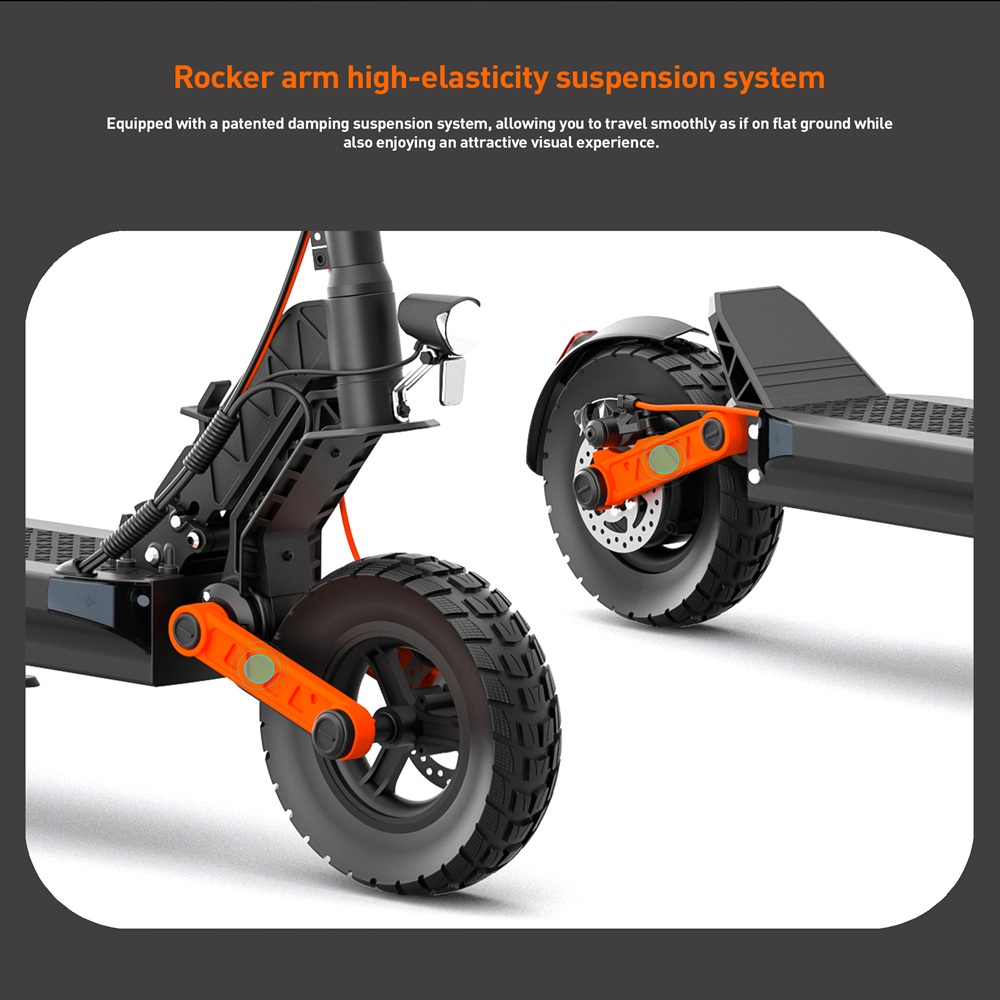 Scooter elettrico nero e arancione. Ruota anteriore con dettaglio sospensioni. Pneumatici spessi e fuoristrada. Faro visibile.
