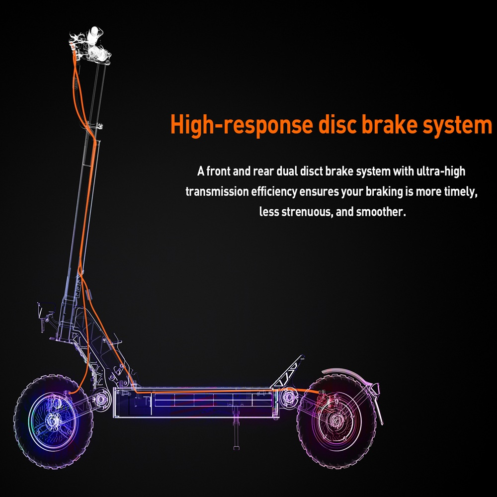 Diagramma di uno scooter elettrico. Il cablaggio arancione evidenzia il sistema di frenata a disco. Testo: Sistema frenante a disco ad alta risposta.