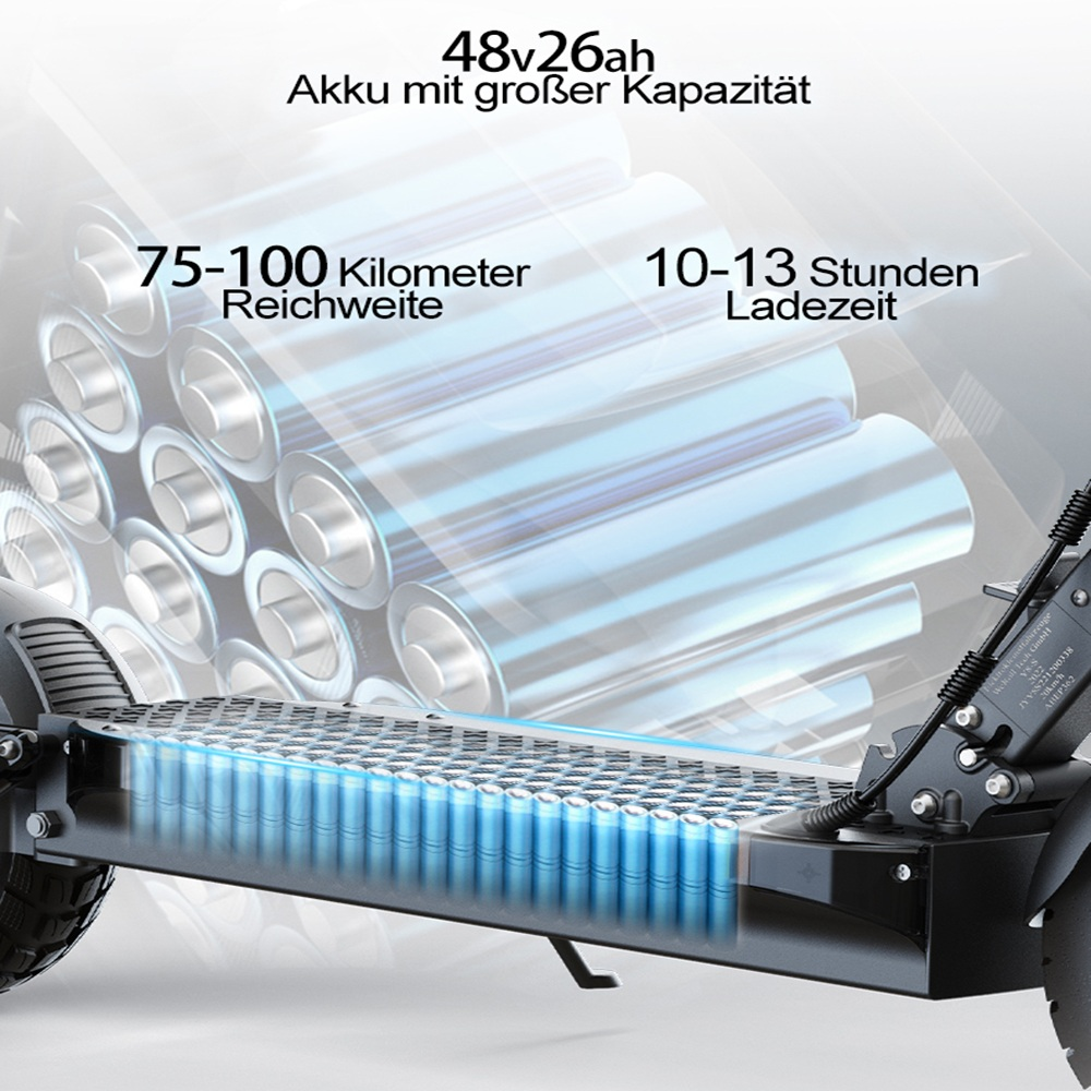 È mostrato uno scooter elettrico con un pacco batteria. Le informazioni includono le specifiche della batteria, l'autonomia e il tempo di ricarica. Sfondo con cilindri astratti.