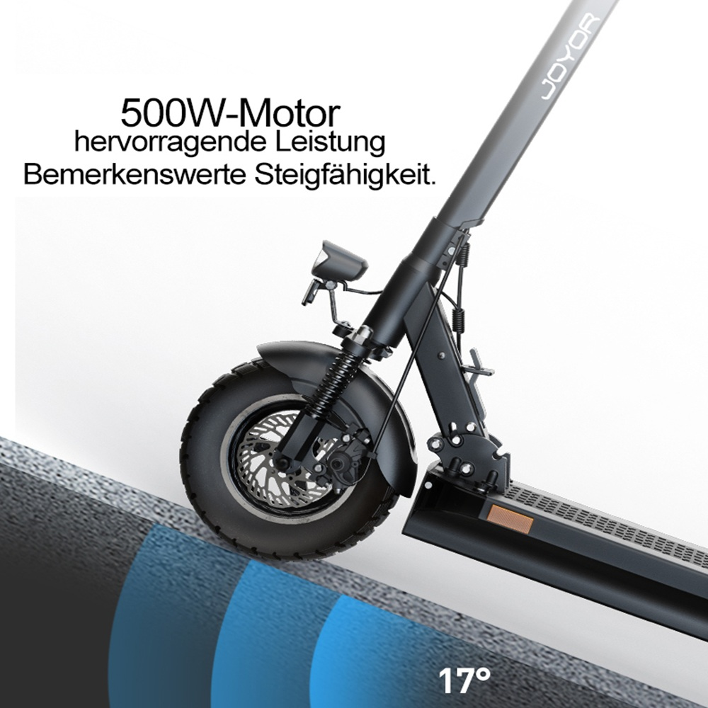 Scooter elettrico nero inclinato verso l'alto. La ruota anteriore è su una pendenza. Il testo menziona la potenza del motore e la capacità di salita. L'angolo è di 17°.