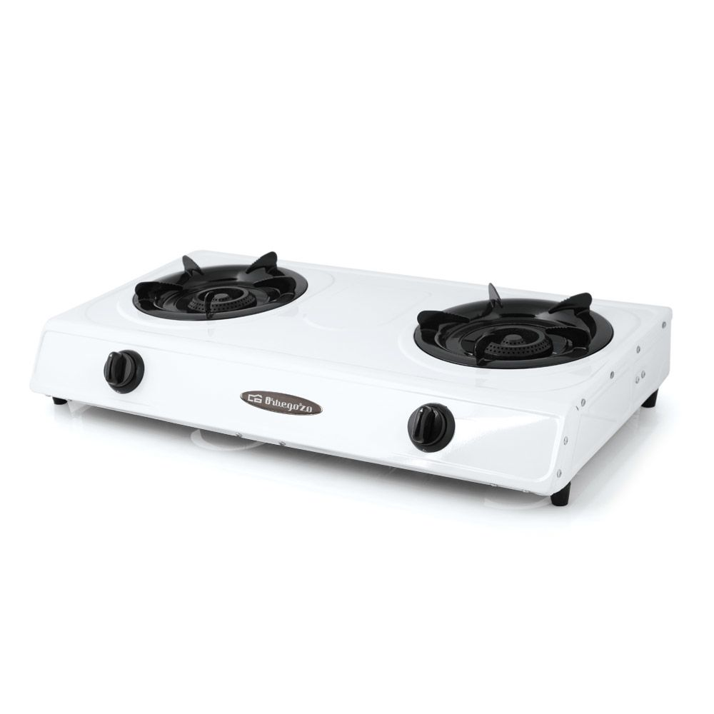 Una cocina de gas blanca de dos quemadores. Tiene rejillas de quemador y mandos negros. La marca Orbegozo es visible.
