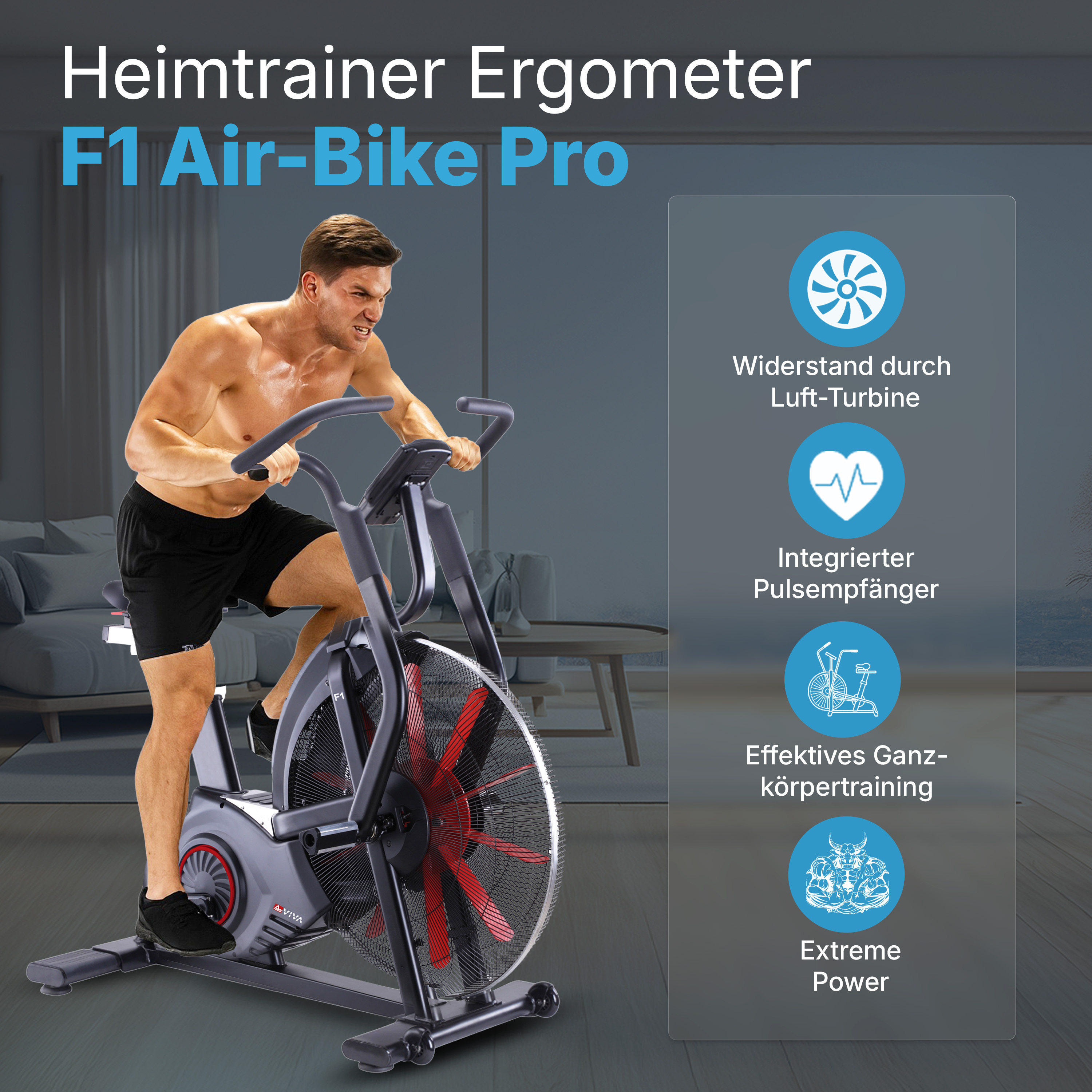 Ein Mann benutzt ein Airbike. Das Fahrrad hat einen Ventilator. Text erwähnt 'F1 Air-Bike Pro'. Andere Symbole zeigen Funktionen.