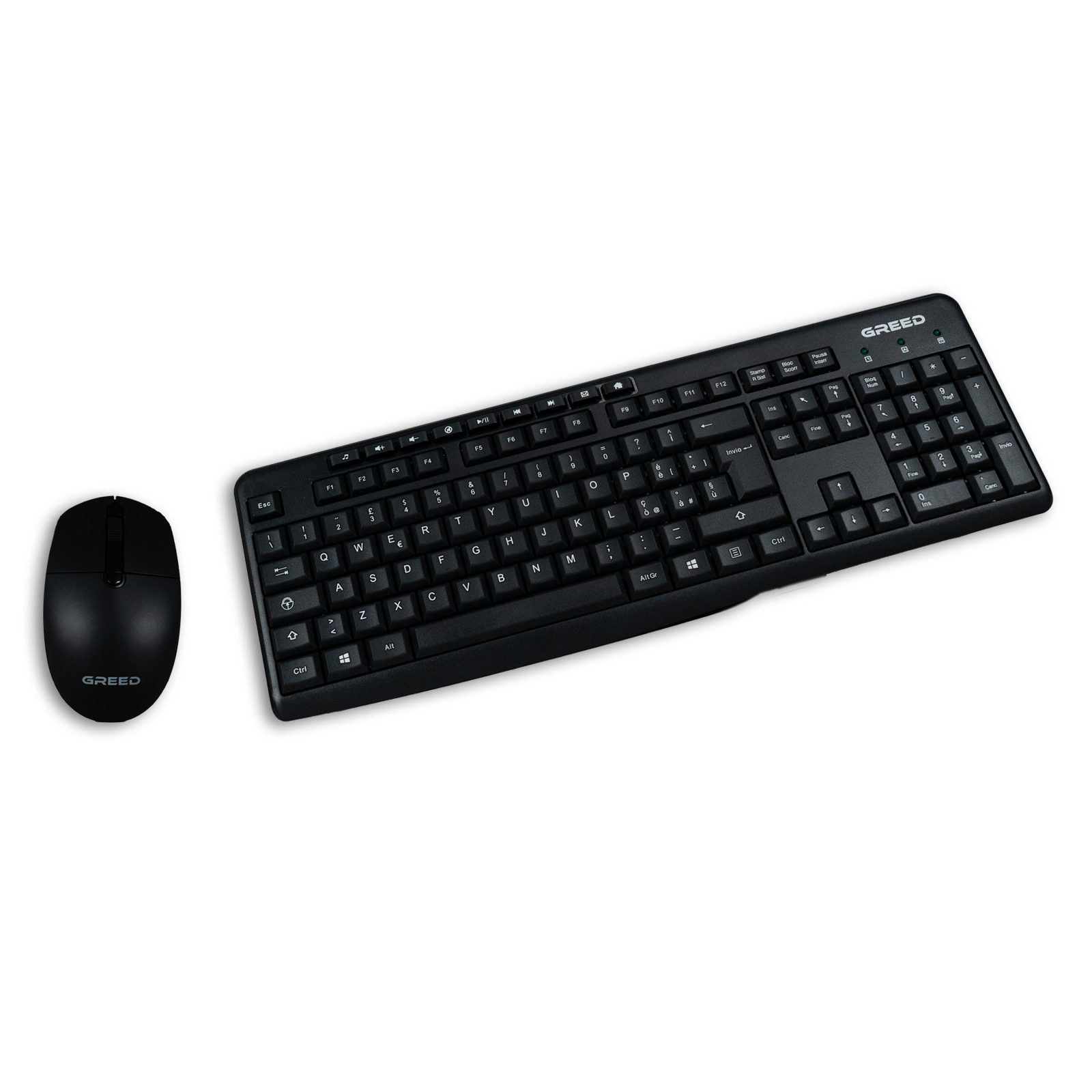 Un set di tastiera e mouse neri senza fili su sfondo bianco. La tastiera è etichettata GREED.