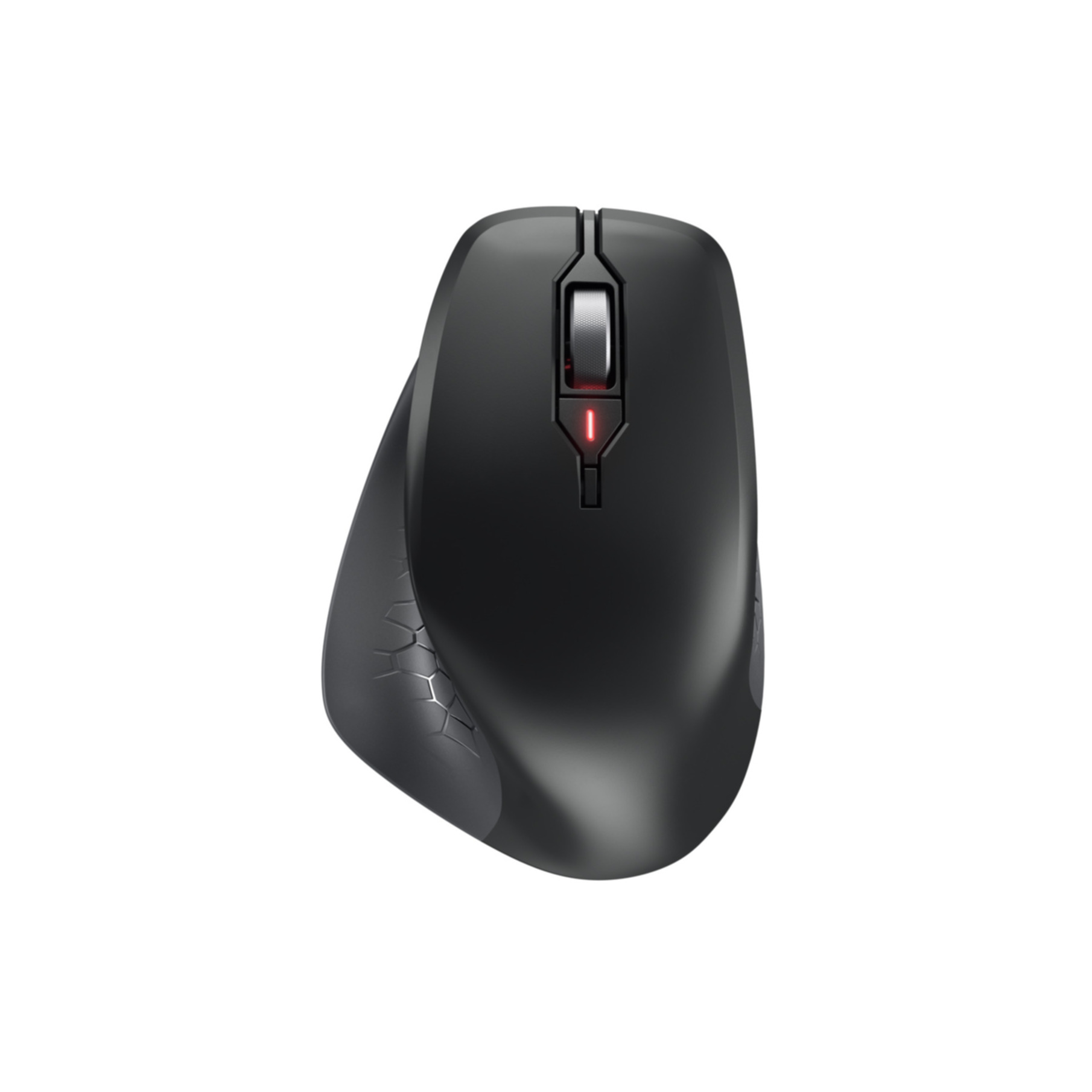 Un mouse ergonomico nero con luce rossa e lato testurizzato, su sfondo bianco.
