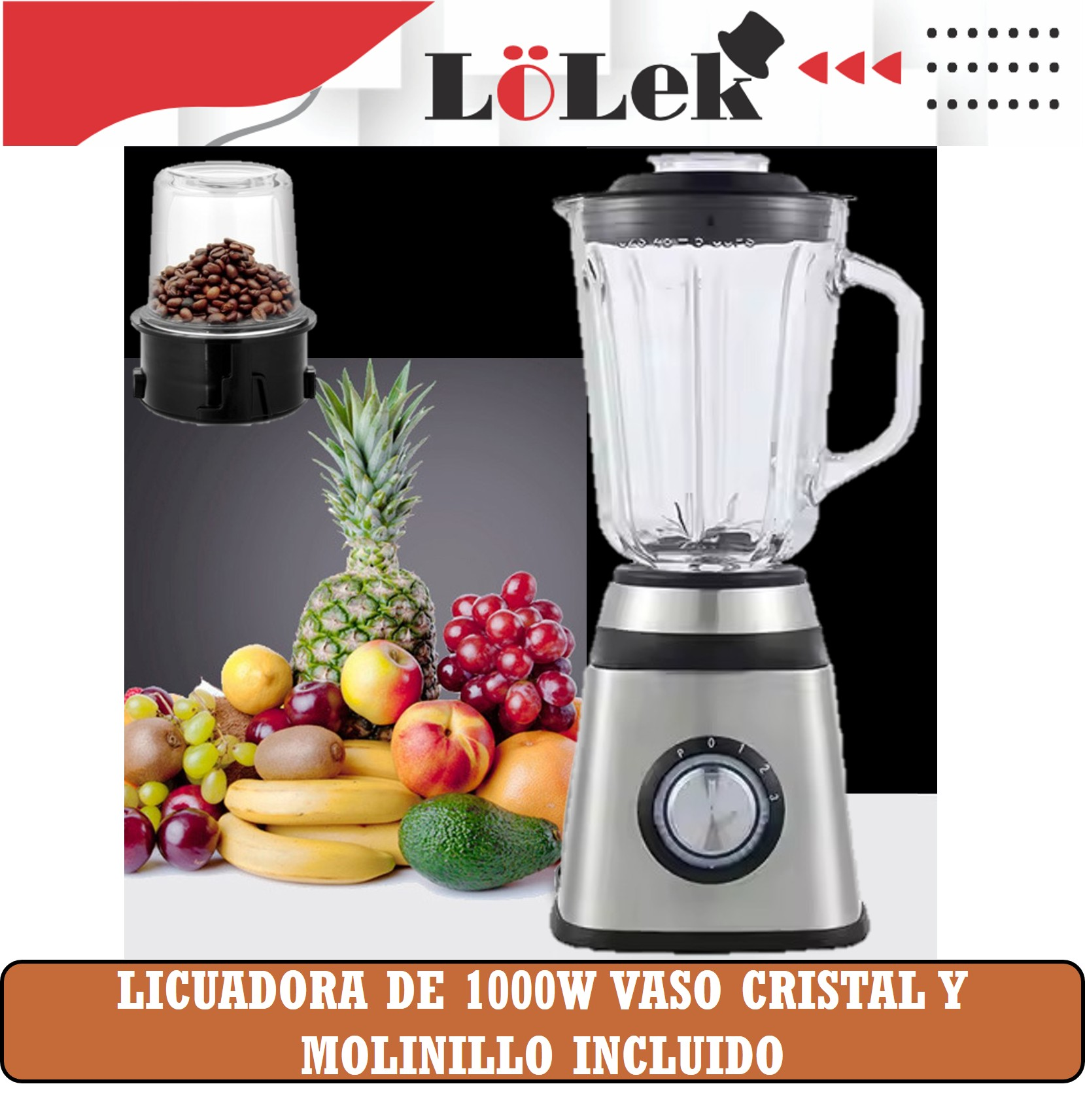 Una licuadora con frutas y un molinillo de café. La licuadora tiene un vaso de vidrio y una base plateada. Las frutas incluyen piña, uvas y plátanos.