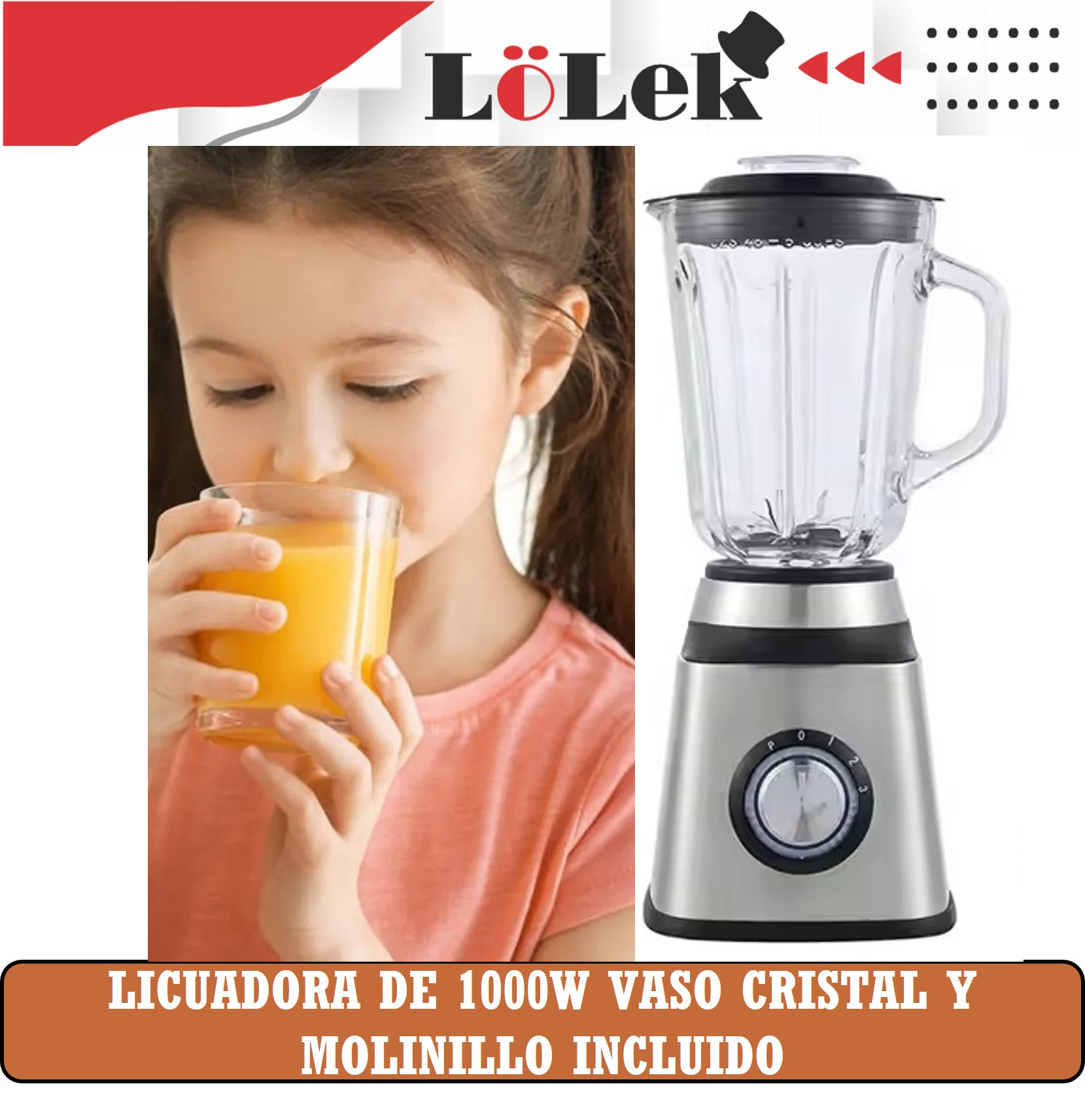 Una niña bebe zumo de naranja. Una licuadora está a la derecha. La licuadora es plateada con un vaso de vidrio.