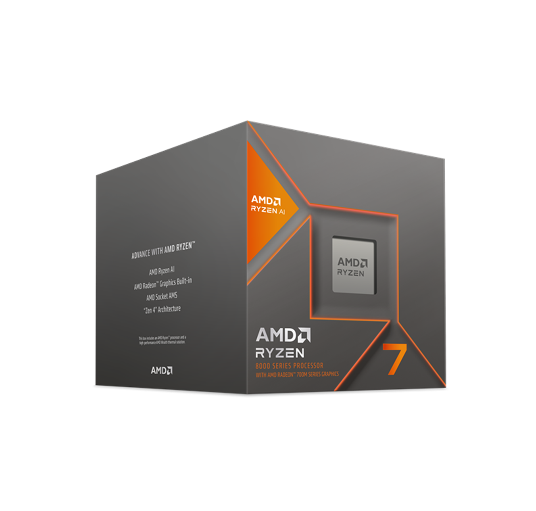 Scatola del processore Ryzen 7 serie 8000. Scatola grigia con dettagli arancioni e marchio AMD Ryzen AI.