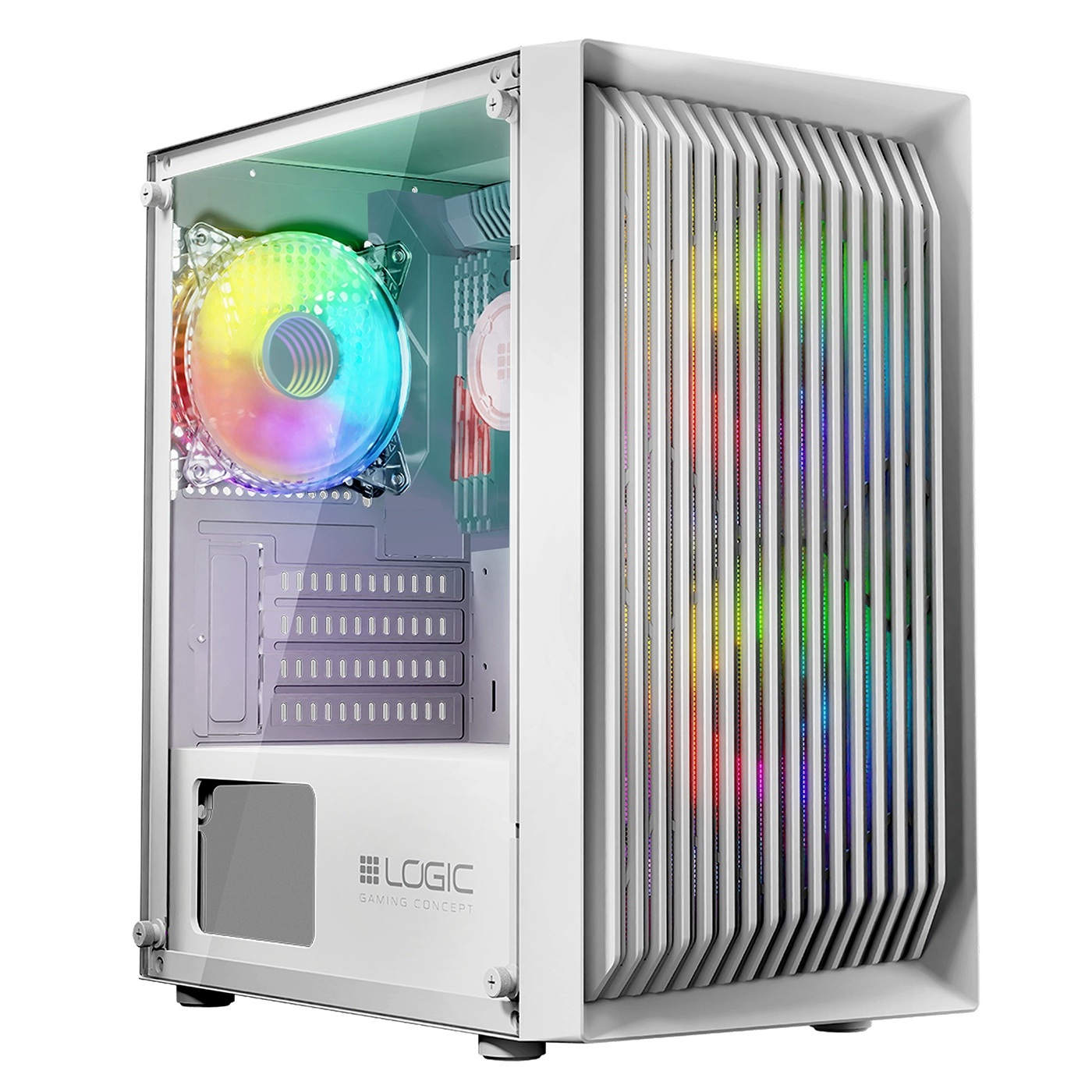 Case per computer bianco con pannello laterale in vetro, ventola arcobaleno e logo Logic Gaming Concept.