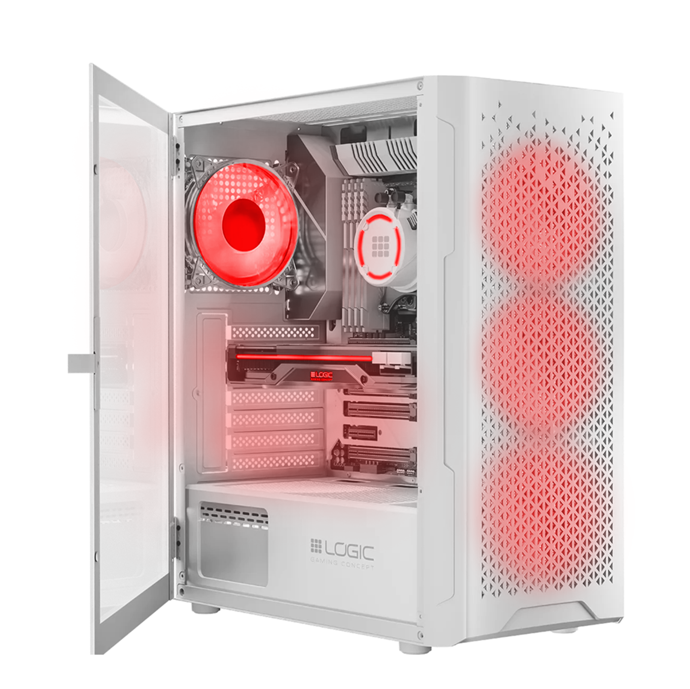Case per computer bianco con porta a vetri aperta. Sono visibili ventole e componenti interni che si illuminano di rosso, evidenziati da un'illuminazione rossa.