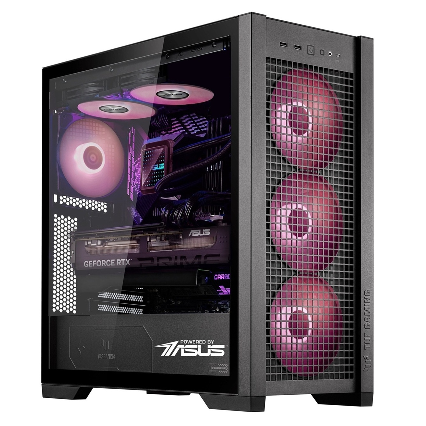 Un case per PC nero con pannello laterale in vetro. All'interno, ventole con luci rosa, una scheda grafica e il marchio ASUS.