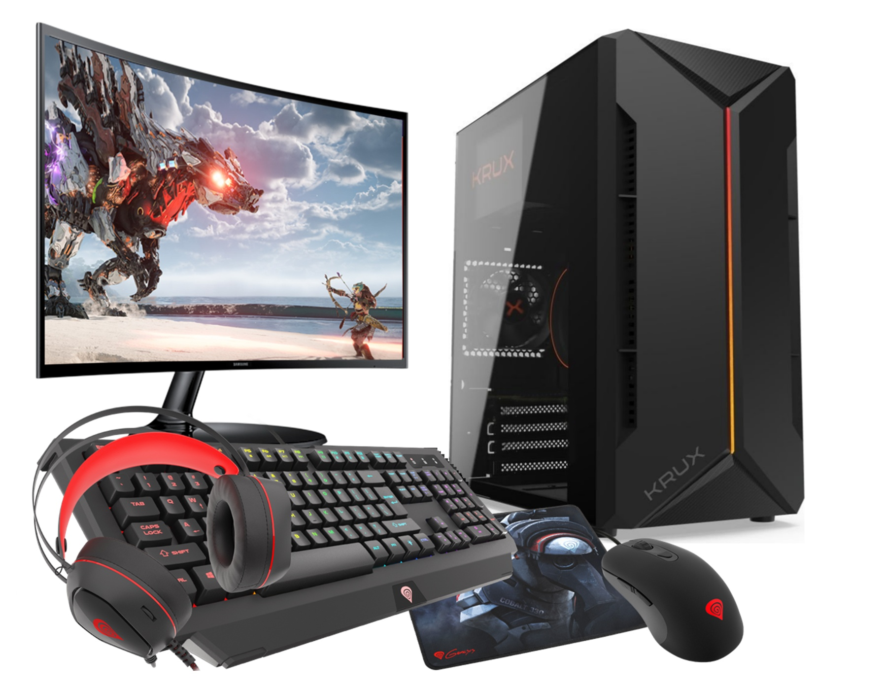 Un'impostazione PC gaming. Include un monitor che mostra una scena di gioco, un case PC nero, tastiera, mouse, cuffie e tappetino per mouse.