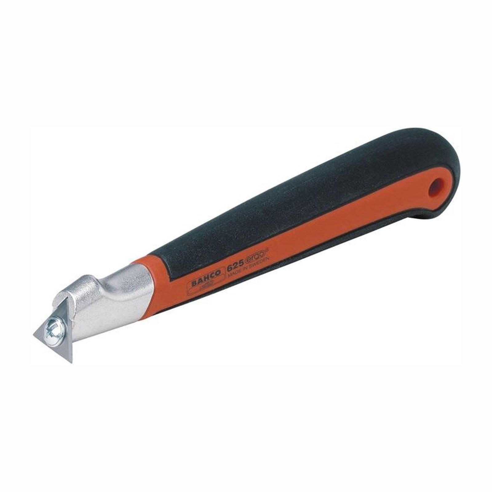 Un coltello da rifinitura Bahco 625 Ergo. Ha un manico nero e arancione, una lama argentata e un tagliente triangolare.