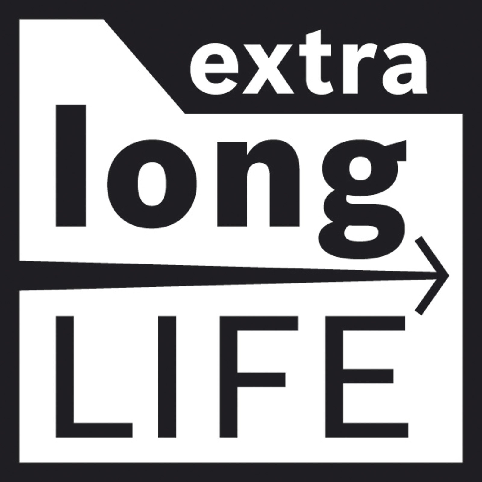 Schwarz-weiße Grafik mit den Worten "extra long LIFE" in einem rechteckigen Rahmen mit einem Pfeil.
