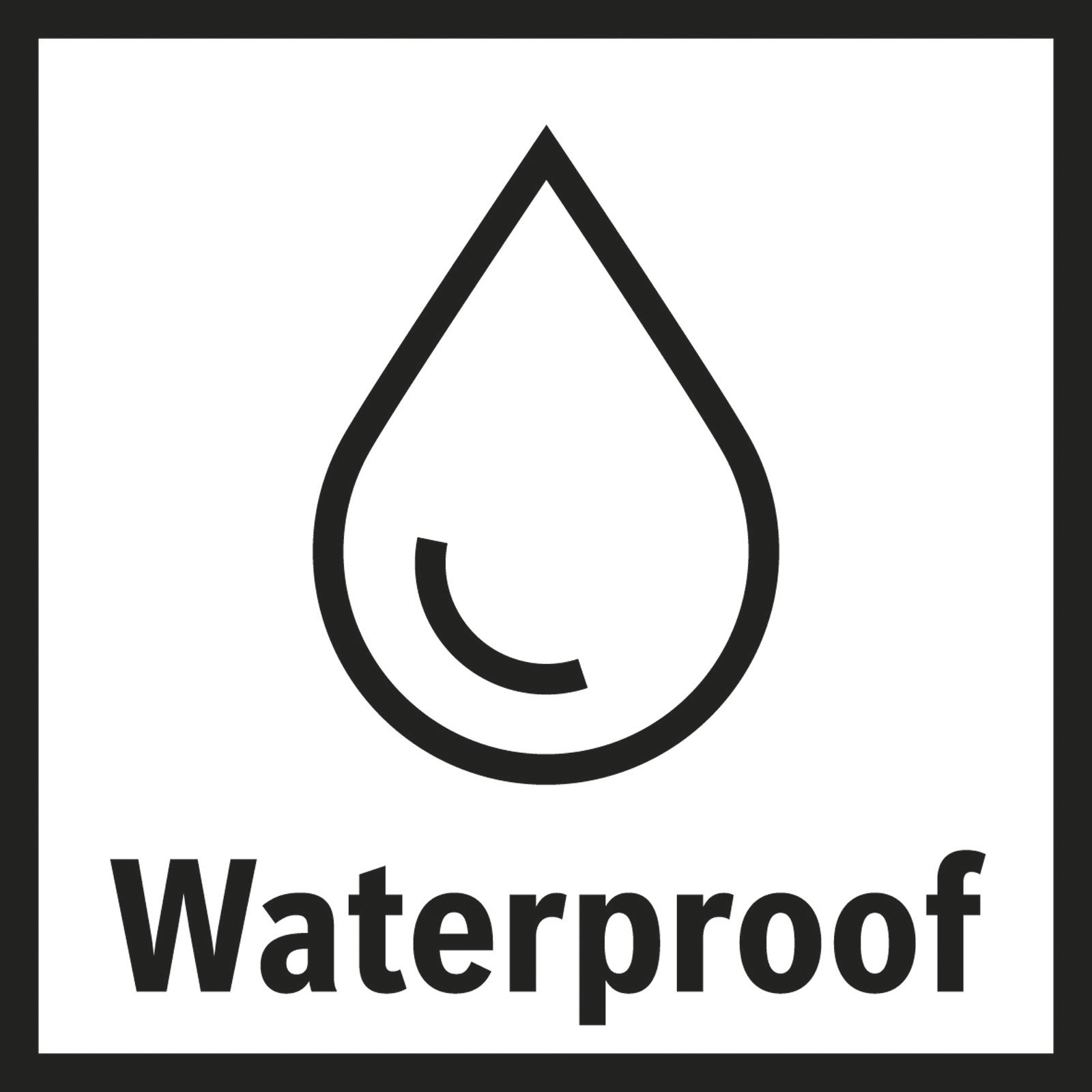 Schwarz-weißes Bild eines Wassertropfensymbols mit dem Wort 'Waterproof' darunter in fetter Schrift.