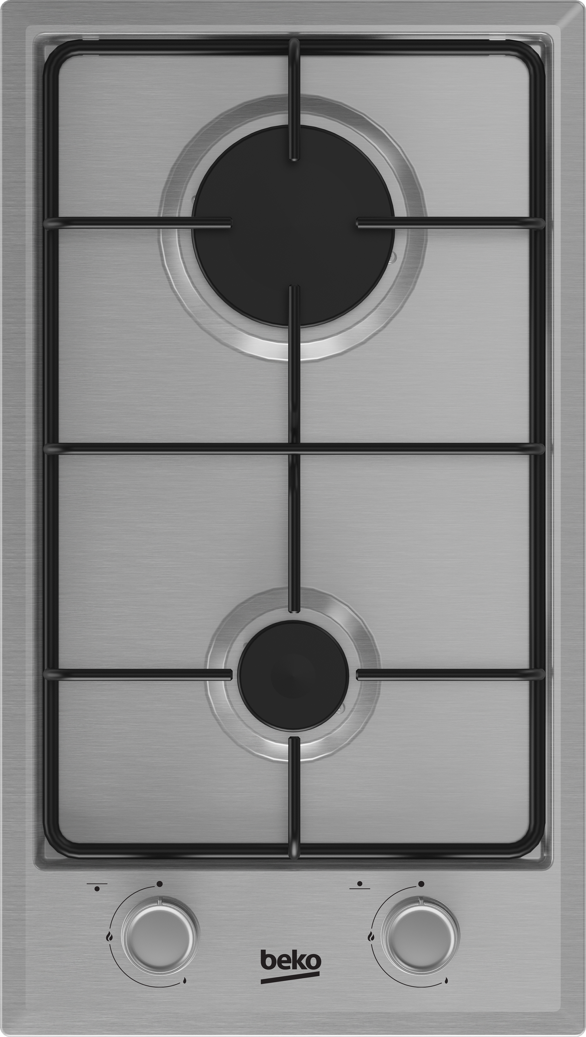 Płyta gazowa ze stali nierdzewnej z dwoma palnikami i czarnymi rusztami. Pokrętła na dole. Logo Beko.