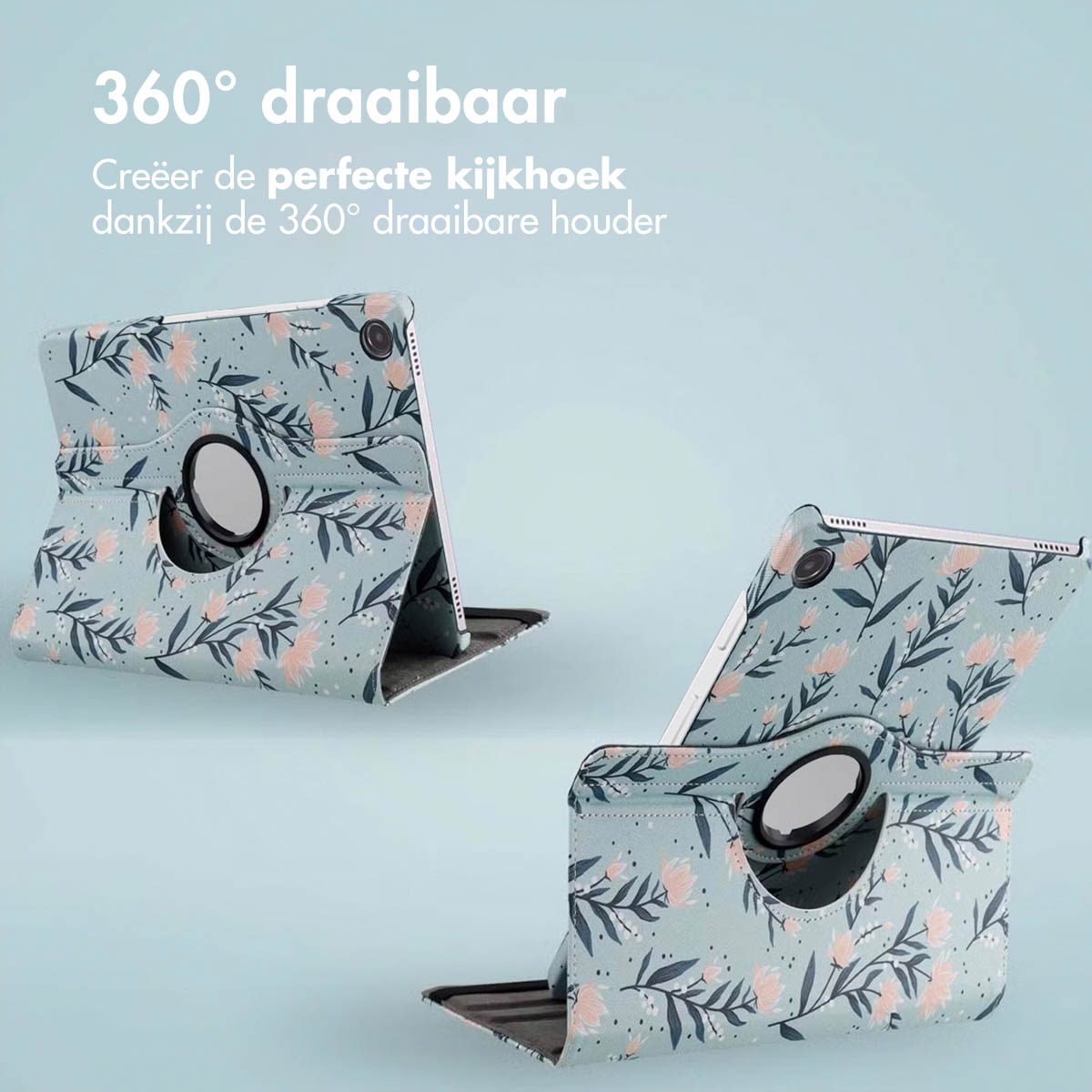 Two tablet cases with floral patterns are displayed. One is upright, showing a rotating ring. The background is light blue.
