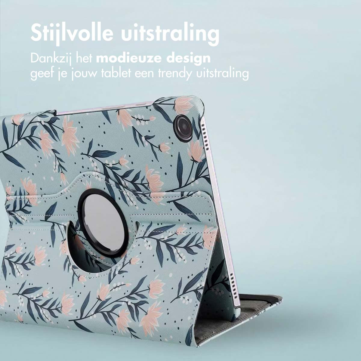 Tablet case with floral pattern. Blue background, pink and blue flowers. A ring to hold the tablet. Text in white on top.