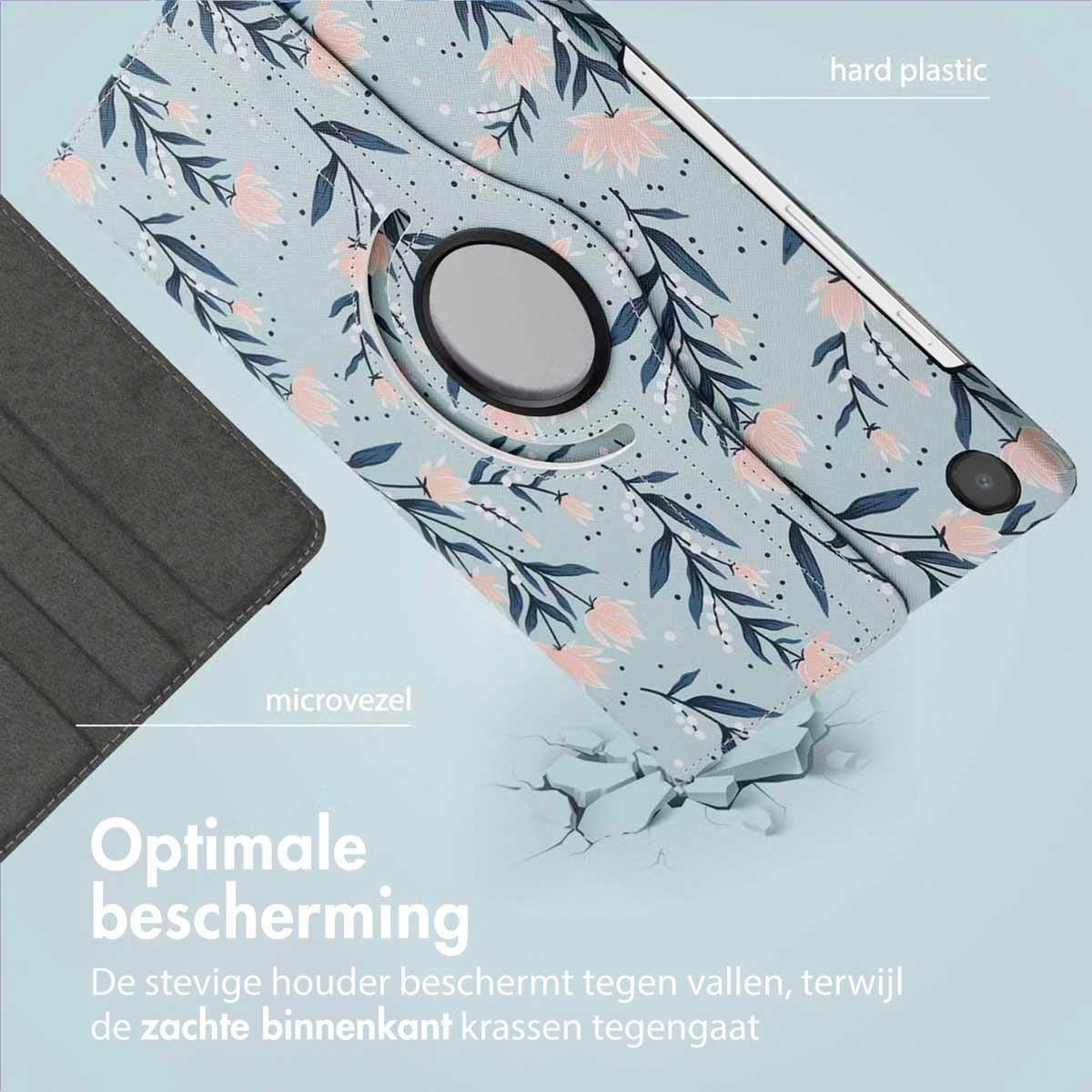 A tablet case with a floral pattern. It's light blue with pink flowers. The case is on a surface with cracks, with the words 'Optimale bescherming'.