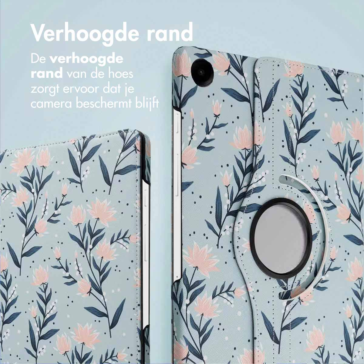 Tablet case with floral pattern. Light blue background with pink flowers and dark green leaves. A camera is visible.