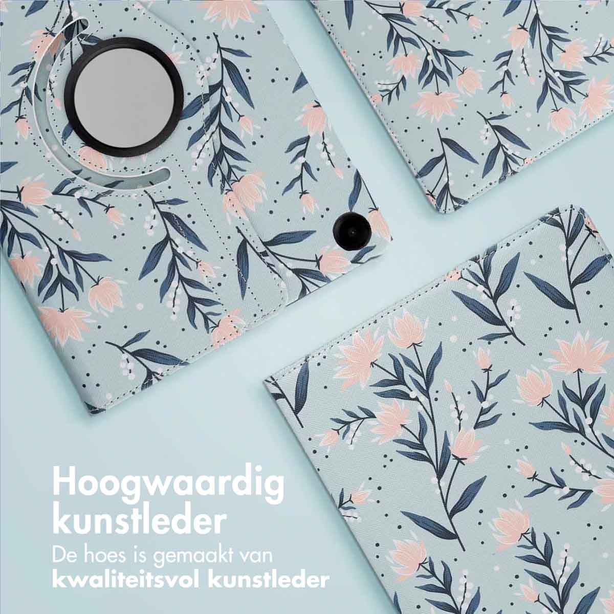 Tablet cases with floral pattern. Soft blue background. Top left case has a circular camera cutout. Other cases are visible.