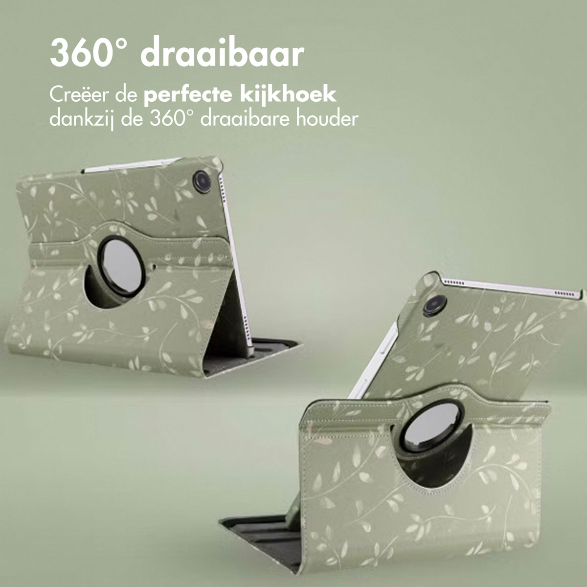 Two tablet cases, olive green with leaf pattern, are displayed. One is open, showcasing a screen. Text reads: 360° rotatable.
