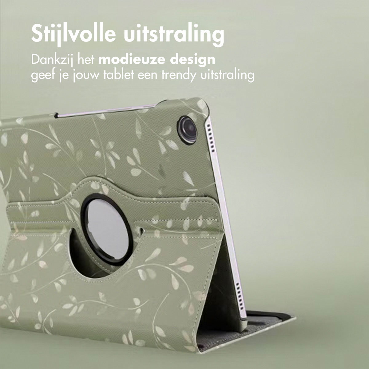 Tablet in a green case with a leaf pattern. The case is open, showing the tablet's screen. Text at the top says 'Stylish appearance'.