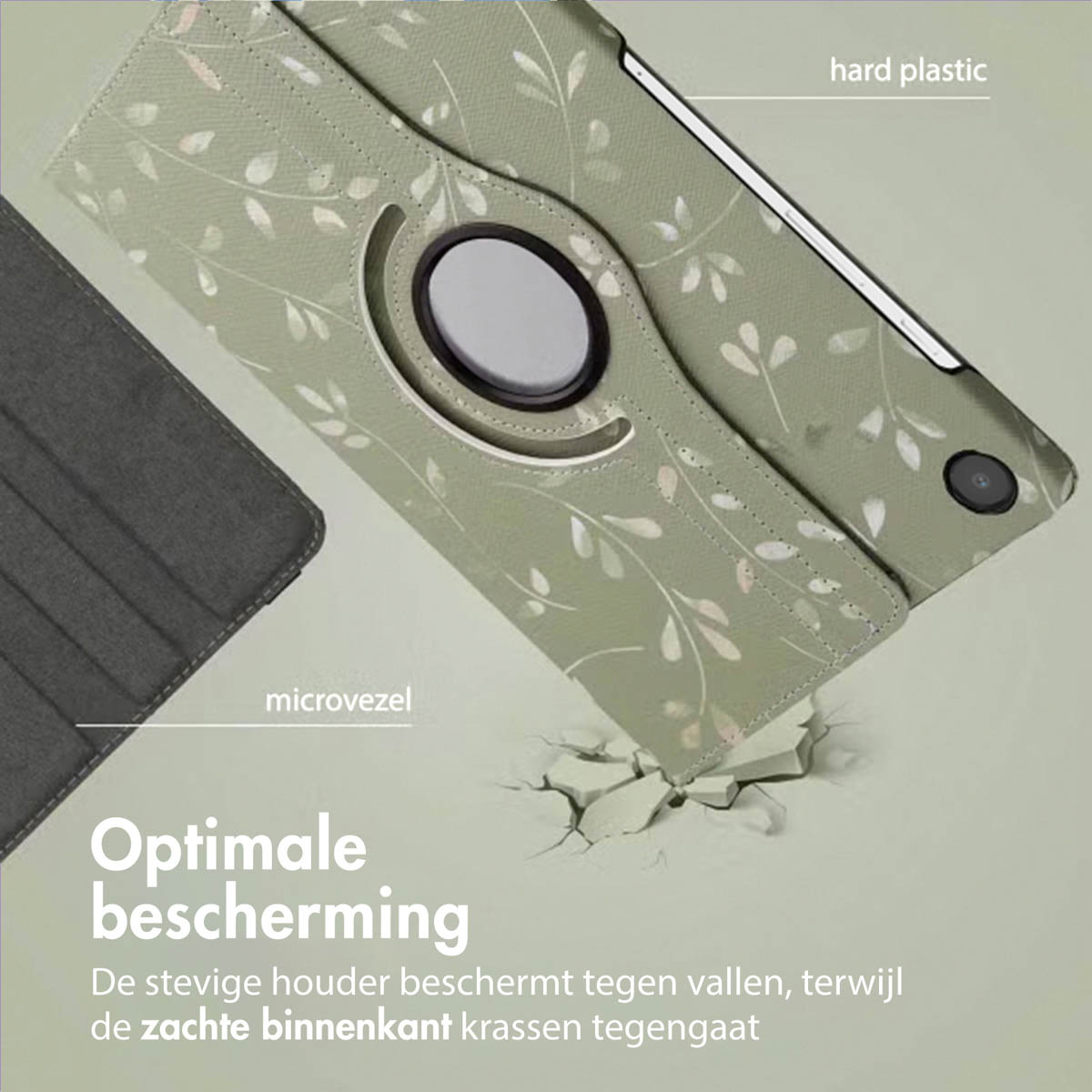 Tablet case with green floral design. Hard plastic and microfiber components. The case is designed to protect against falls and scratches.