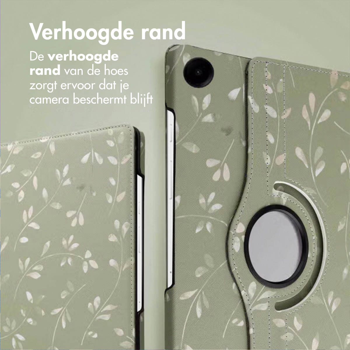Green tablet case with floral pattern. A raised edge protects the camera. Text says 'Verhoogde rand'.