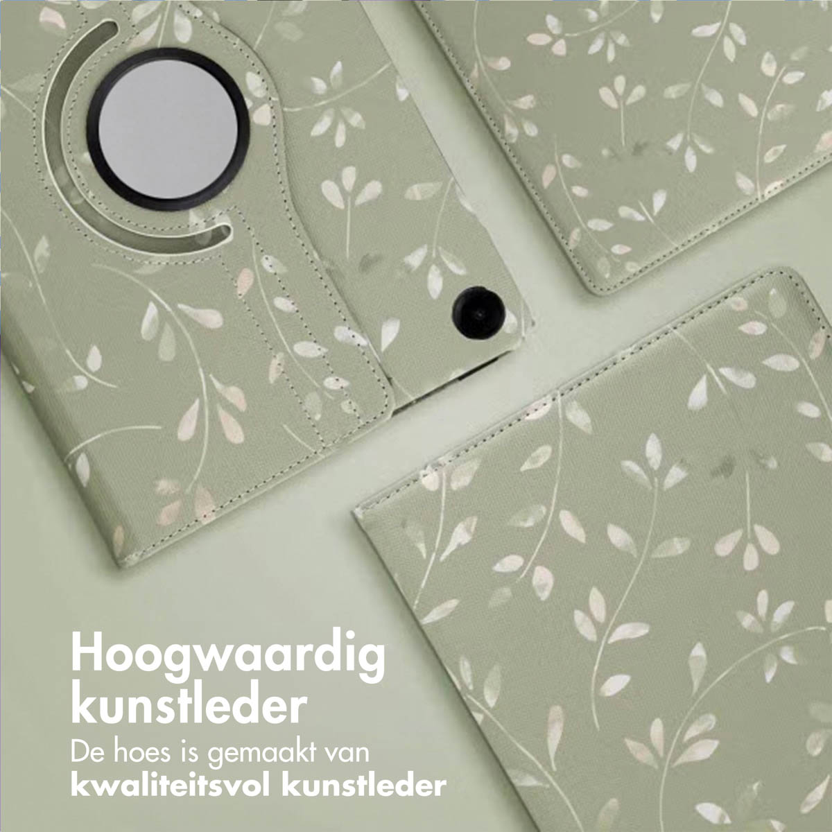 Green tablet case with floral pattern. It has a rotating ring and button, and text in Dutch at the bottom.