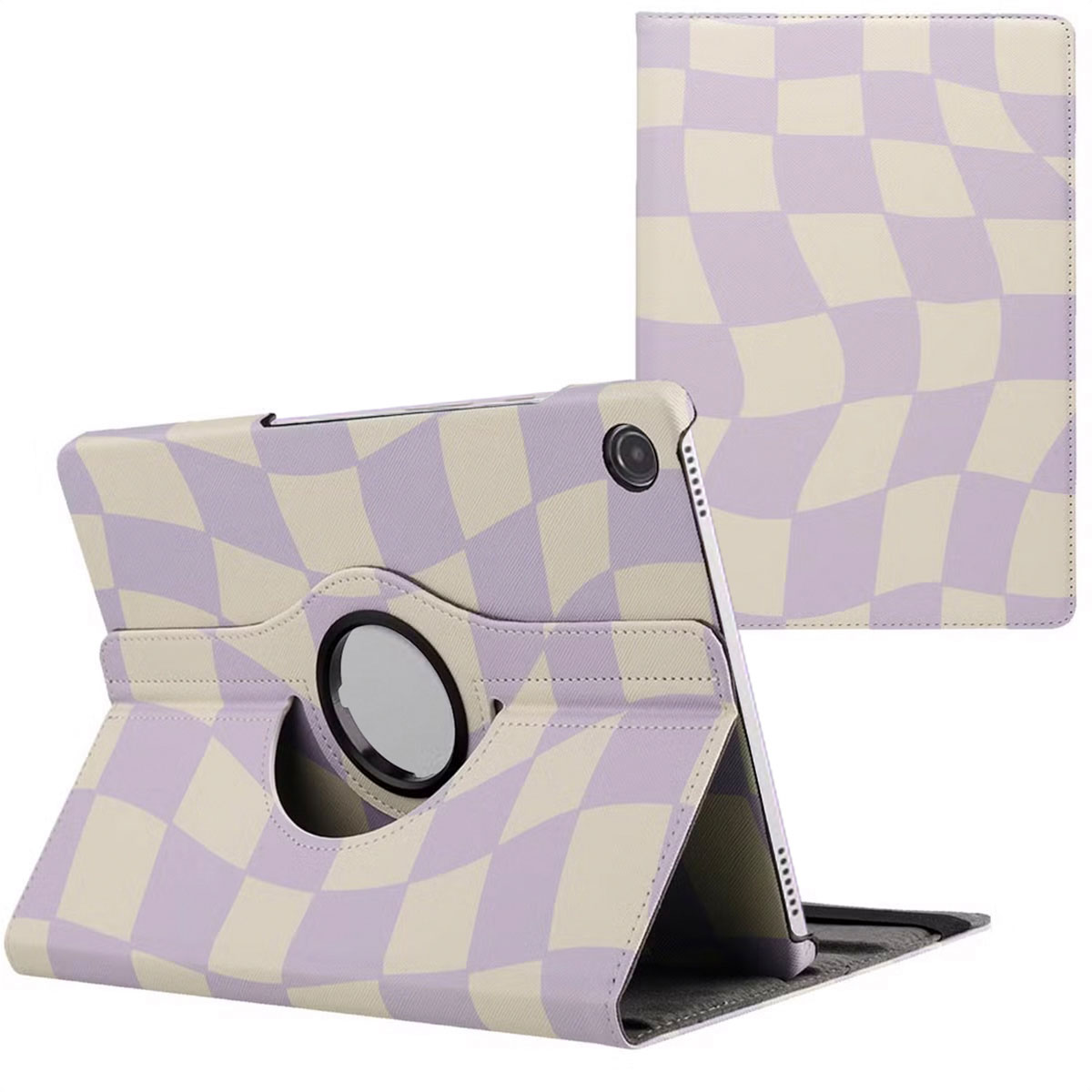 Tablet case with a purple and cream checkered pattern. The case is open, displaying the tablet. Another closed case is visible.