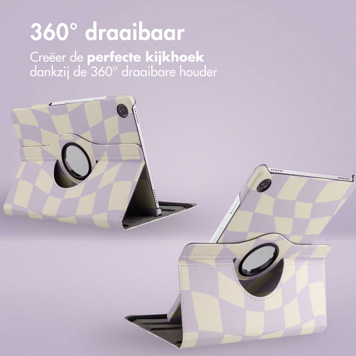 Three tablets in checkered cases with a 360-degree rotating holder are on a purple background, with text at the top.