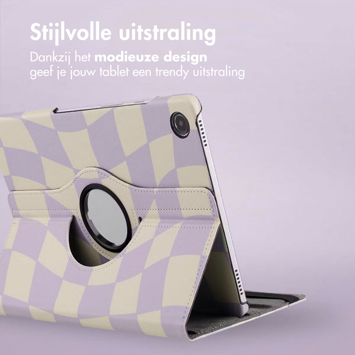 Tablet in a lilac and cream checkered case. It's open, propped up. The background is a solid lilac.