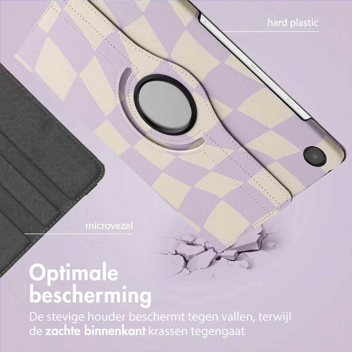A tablet case with a purple and white checkerboard pattern. The case is on a purple surface. The text says "Optimal protection."