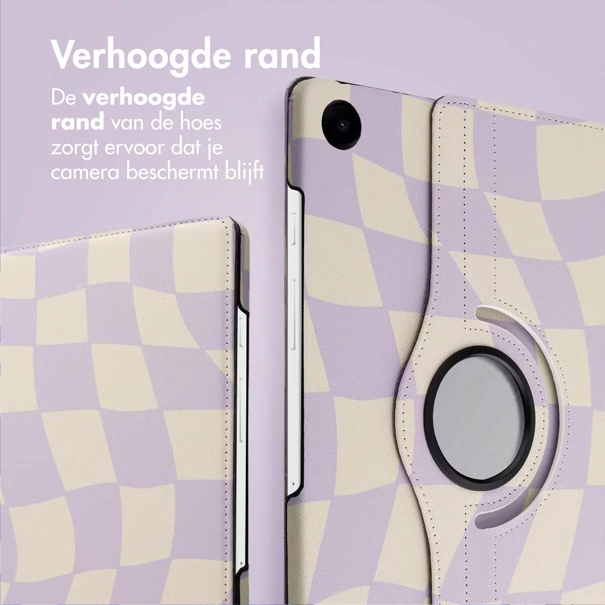 Tablet case with a checkerboard pattern in light purple and beige. Features a raised edge to protect the camera.