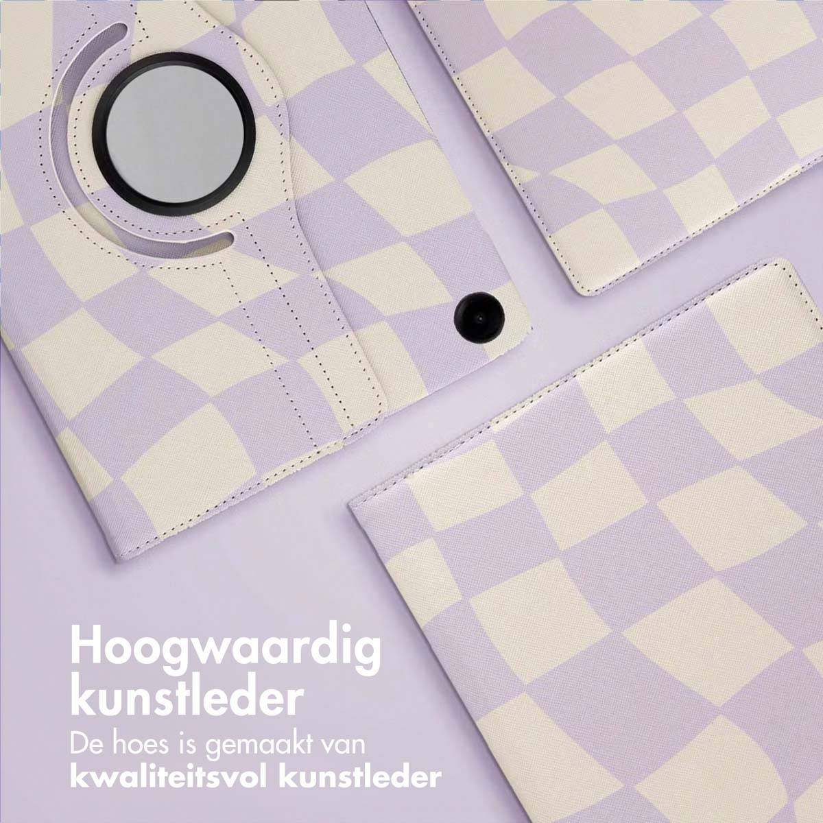 Various lavender and white checkered tablet covers on a lavender background. One has a black circle, and one has a black button.