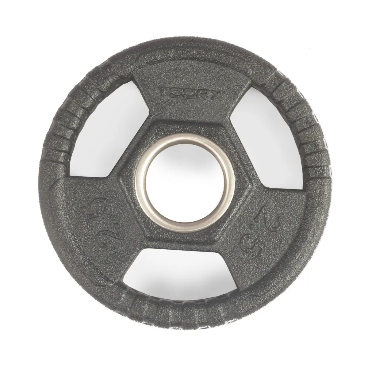 Eine schwarze Hantelscheibe mit einem Metallring in der Mitte. Sie hat drei Öffnungen und die Zahl 25 ist aufgedruckt.