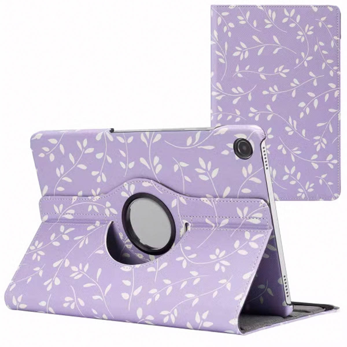 A purple tablet case with a white leaf pattern. It's open and has a stand. Another case is standing up.